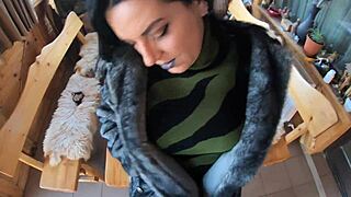 elegant fur coated slut fucked on wooden table covered in cum twice