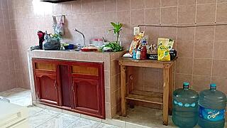 Chubby stepmom cleans the kitchen thoroughly