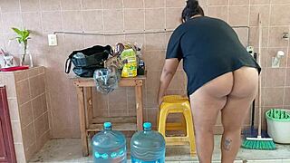 Chubby stepmom cleans the kitchen thoroughly