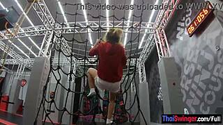 Thai amateur milf girlfriend having fun on a trampoline and then fucked at home