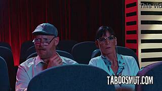 horny girlfriend blows boyfriend in front of older couple at theater