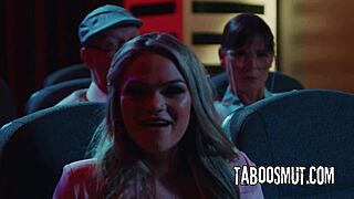 horny girlfriend blows boyfriend in front of older couple at theater