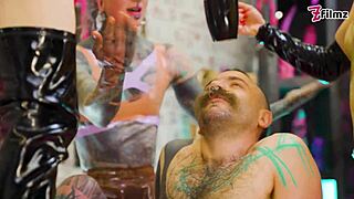 four girls pee filled humiliation mans toilet