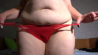 a busty milf with juicy pawg hairy pussy tries on thongs on webcam