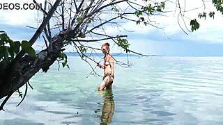 Fishing with harpoon in topless