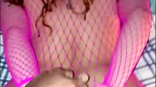 Curly redhead pawg in pink fishnet rides raw and takes full creampie deep in her pussy pov