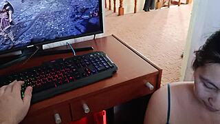 stepmom sucks nerdy stepson on computer