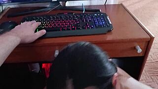 stepmom sucks nerdy stepson on computer