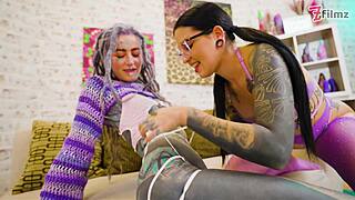 Inked goth girl takes hard anal and atm in threesome