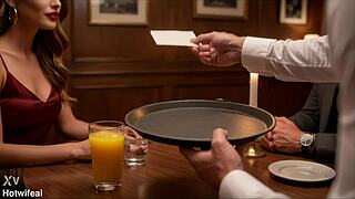 Our waiter gets my hotwife cindy alone at a restaurant ai generated