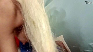 Milf with blonde pigtails gives pov blowjob and swallows cum