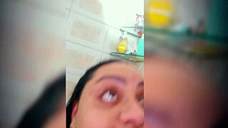 Chubby stepmother gives deep blowjob in shower when alone