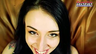 brunette olyssia gets her mouth filled with a big dick to ride and milk
