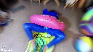 Dominant milf in shiny leather pants and glossy downjacket blowjob cameltoe cum play and inflatable destruction