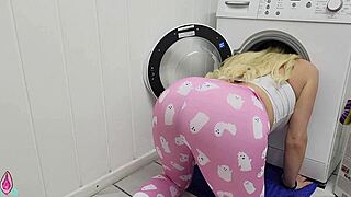 silly stepsister stuck in washing machine. stepbrother fucks her hard