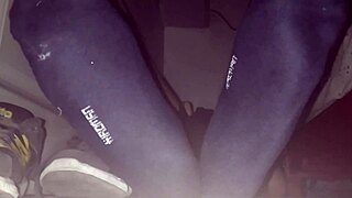 Blue sweaty socks and bare feet get cumshot