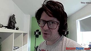 British slut sucks nerd's cock! What a trick!