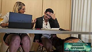 Mama studio cougar milf flashes big tits pussy under office desk sex