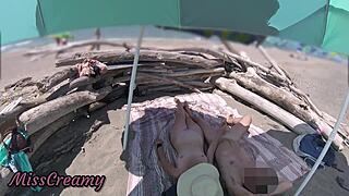 exhibitionist milf wife jerks big cock on nude beach for voyeurs 😍 cumshot splash!!